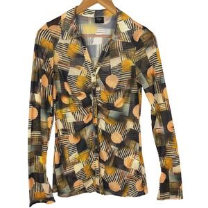 Womens Long Sleeve Button Down Mesh Shirt Top Sz S Blanc Sheer Disco Retro Y2K